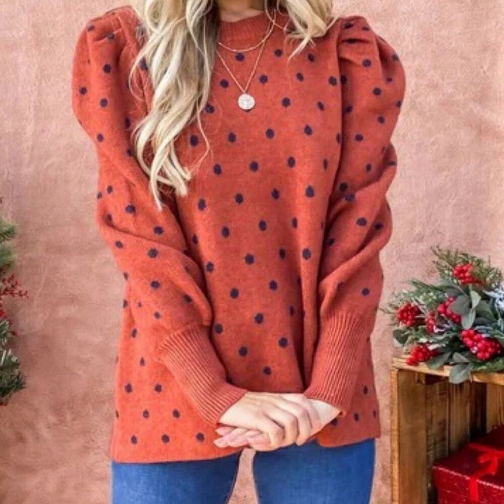 NWT Andthewhy Rust Black Puffed Sleeve Cozy Fall Knit Sweater SZ S/M - Picture 10 of 12